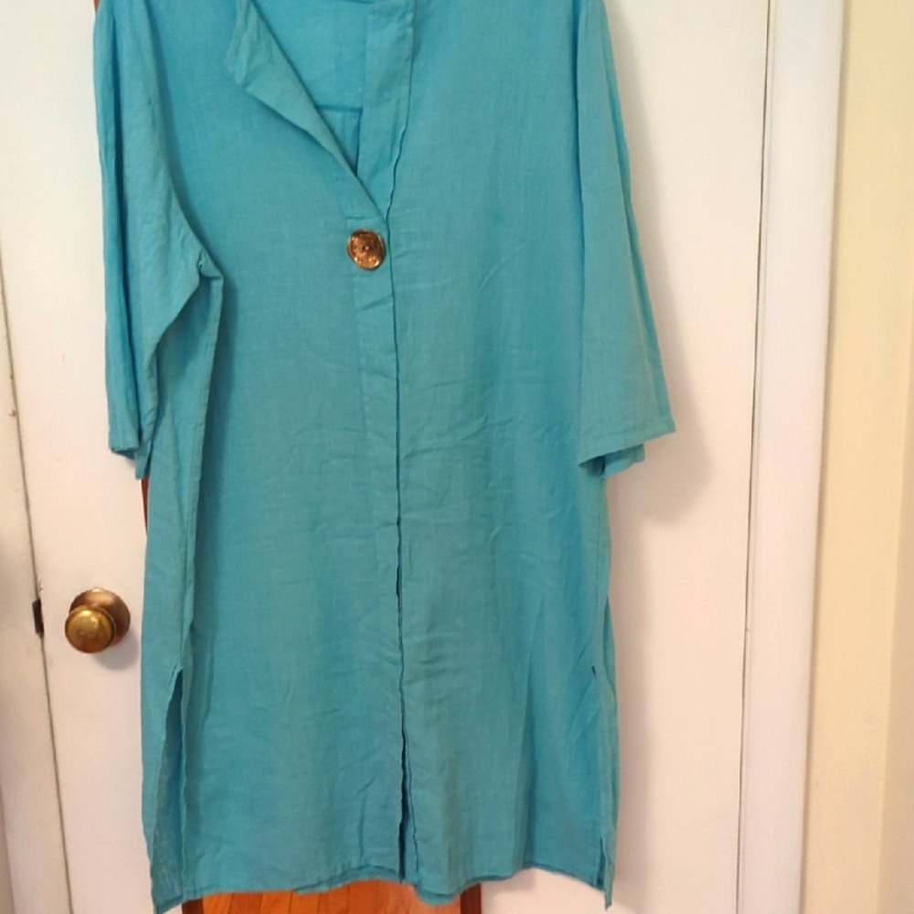 Turquoise Button-Up Linen Dress